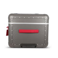 Suitcase - TRUNK ON WHEELS L Aluminum Steel Grey With Red Leather Handles