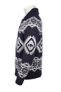 Cardigan - Geometric Pattern Wool Turn-Up Collar Zipped
