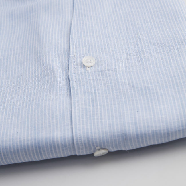 Shirt – Striped Linen Single Cuff, Button-Down Under, Open Collar