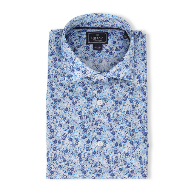 Navy, Blue And White Flowers Patterns Cotton Single Cuff Long Sleeves Shirt
