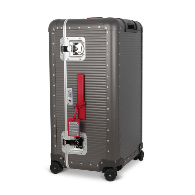 Suitcase - TRUNK ON WHEELS Aluminum Steel Grey With Red Leather Handles 