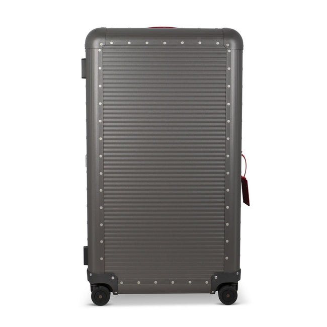 Suitcase - TRUNK ON WHEELS L Aluminum Steel Grey With Red Leather Handles 