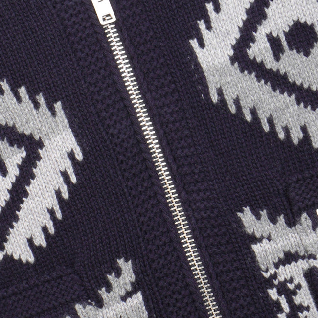 Cardigan - Geometric Pattern Wool Turn-Up Collar Zipped
