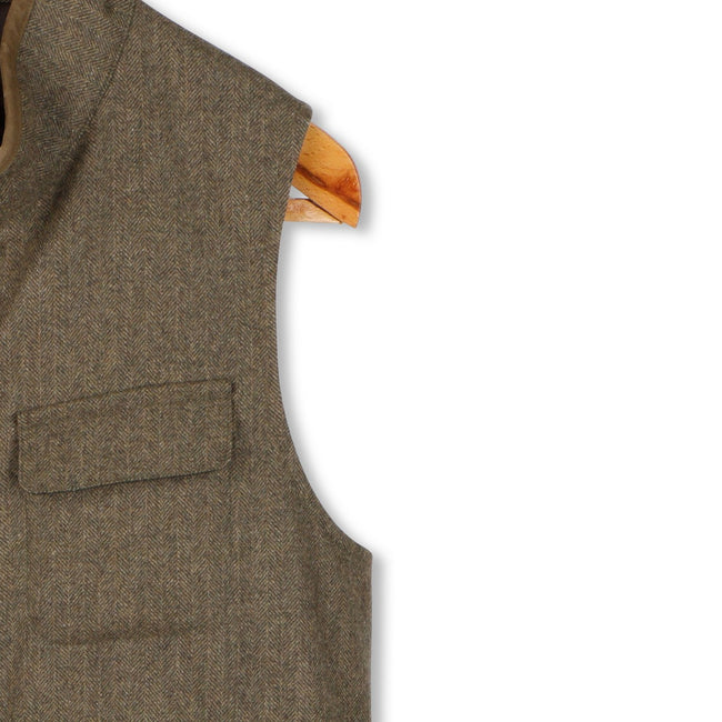 Waistcoat - Herringbone Tweed Wool Buttoned High Collar
